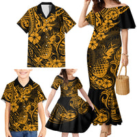 Hawaii Pineapple Family Matching Mermaid Dress and Hawaiian Shirt Paradise Flowers Pacific With Gold Polynesian Tribal - Wonder Print Shop