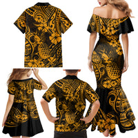 Hawaii Pineapple Family Matching Mermaid Dress and Hawaiian Shirt Paradise Flowers Pacific With Gold Polynesian Tribal - Wonder Print Shop