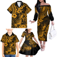 Hawaii Pineapple Family Matching Off Shoulder Long Sleeve Dress and Hawaiian Shirt Paradise Flowers Pacific With Gold Polynesian Tribal - Wonder Print Shop