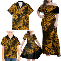 Hawaii Pineapple Family Matching Off Shoulder Maxi Dress and Hawaiian Shirt Paradise Flowers Pacific With Gold Polynesian Tribal - Wonder Print Shop