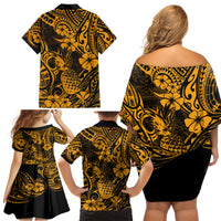 Hawaii Pineapple Family Matching Off Shoulder Short Dress and Hawaiian Shirt Paradise Flowers Pacific With Gold Polynesian Tribal - Wonder Print Shop