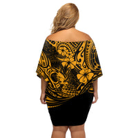 Hawaii Pineapple Family Matching Off Shoulder Short Dress and Hawaiian Shirt Paradise Flowers Pacific With Gold Polynesian Tribal - Wonder Print Shop