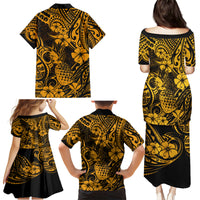 Hawaii Pineapple Family Matching Puletasi Dress and Hawaiian Shirt Paradise Flowers Pacific With Gold Polynesian Tribal - Wonder Print Shop