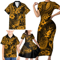 Hawaii Pineapple Family Matching Short Sleeve Bodycon Dress and Hawaiian Shirt Paradise Flowers Pacific With Gold Polynesian Tribal - Wonder Print Shop