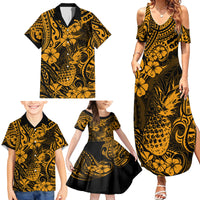 Hawaii Pineapple Family Matching Summer Maxi Dress and Hawaiian Shirt Paradise Flowers Pacific With Gold Polynesian Tribal - Wonder Print Shop