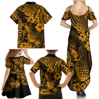 Hawaii Pineapple Family Matching Summer Maxi Dress and Hawaiian Shirt Paradise Flowers Pacific With Gold Polynesian Tribal - Wonder Print Shop