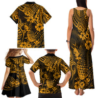 Hawaii Pineapple Family Matching Tank Maxi Dress and Hawaiian Shirt Paradise Flowers Pacific With Gold Polynesian Tribal - Wonder Print Shop