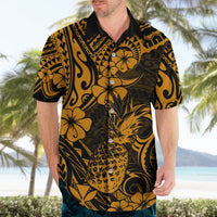 Hawaii Pineapple Hawaiian Shirt Paradise Flowers Pacific With Gold Polynesian Tribal - Wonder Print Shop