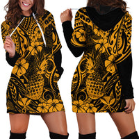 Hawaii Pineapple Hoodie Dress Paradise Flowers Pacific With Gold Polynesian Tribal - Wonder Print Shop