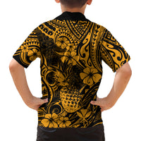 Hawaii Pineapple Kid Hawaiian Shirt Paradise Flowers Pacific With Gold Polynesian Tribal - Wonder Print Shop