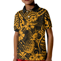 Hawaii Pineapple Kid Polo Shirt Paradise Flowers Pacific With Gold Polynesian Tribal - Wonder Print Shop
