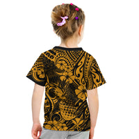 Hawaii Pineapple Kid T Shirt Paradise Flowers Pacific With Gold Polynesian Tribal - Wonder Print Shop