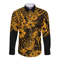 Hawaii Pineapple Long Sleeve Button Shirt Paradise Flowers Pacific With Gold Polynesian Tribal - Wonder Print Shop