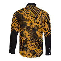 Hawaii Pineapple Long Sleeve Button Shirt Paradise Flowers Pacific With Gold Polynesian Tribal - Wonder Print Shop