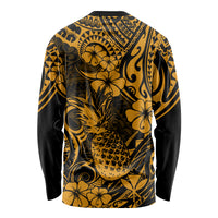 Hawaii Pineapple Long Sleeve Shirt Paradise Flowers Pacific With Gold Polynesian Tribal - Wonder Print Shop