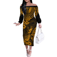 Hawaii Pineapple Off The Shoulder Long Sleeve Dress Paradise Flowers Pacific With Gold Polynesian Tribal - Wonder Print Shop