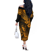 Hawaii Pineapple Off The Shoulder Long Sleeve Dress Paradise Flowers Pacific With Gold Polynesian Tribal - Wonder Print Shop