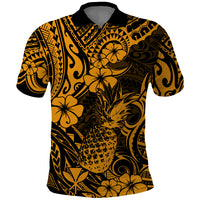 Hawaii Pineapple Polo Shirt Paradise Flowers Pacific With Gold Polynesian Tribal - Wonder Print Shop