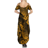 Hawaii Pineapple Summer Maxi Dress Paradise Flowers Pacific With Gold Polynesian Tribal - Wonder Print Shop