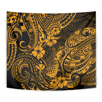 Hawaii Pineapple Tapestry Paradise Flowers Pacific With Gold Polynesian Tribal - Wonder Print Shop