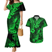 Hawaii Pineapple Couples Matching Mermaid Dress and Hawaiian Shirt Paradise Flowers Pacific With Green Polynesian Tribal - Wonder Print Shop