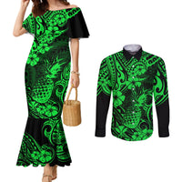 hawaii-pineapple-couples-matching-mermaid-dress-and-long-sleeve-button-shirts-paradise-flowers-pacific-with-green-polynesian-tribal