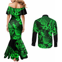 hawaii-pineapple-couples-matching-mermaid-dress-and-long-sleeve-button-shirts-paradise-flowers-pacific-with-green-polynesian-tribal