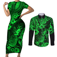 Hawaii Pineapple Couples Matching Short Sleeve Bodycon Dress and Long Sleeve Button Shirts Paradise Flowers Pacific With Green Polynesian Tribal - Wonder Print Shop
