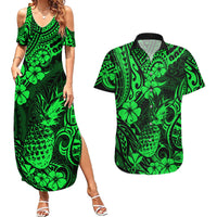 Hawaii Pineapple Couples Matching Summer Maxi Dress and Hawaiian Shirt Paradise Flowers Pacific With Green Polynesian Tribal - Wonder Print Shop