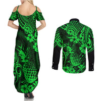 Hawaii Pineapple Couples Matching Summer Maxi Dress and Long Sleeve Button Shirts Paradise Flowers Pacific With Green Polynesian Tribal - Wonder Print Shop