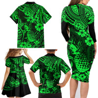 Hawaii Pineapple Family Matching Long Sleeve Bodycon Dress and Hawaiian Shirt Paradise Flowers Pacific With Green Polynesian Tribal - Wonder Print Shop