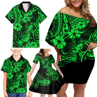 Hawaii Pineapple Family Matching Off Shoulder Short Dress and Hawaiian Shirt Paradise Flowers Pacific With Green Polynesian Tribal - Wonder Print Shop