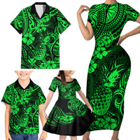 Hawaii Pineapple Family Matching Short Sleeve Bodycon Dress and Hawaiian Shirt Paradise Flowers Pacific With Green Polynesian Tribal - Wonder Print Shop