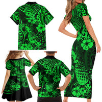 Hawaii Pineapple Family Matching Short Sleeve Bodycon Dress and Hawaiian Shirt Paradise Flowers Pacific With Green Polynesian Tribal - Wonder Print Shop