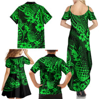 Hawaii Pineapple Family Matching Summer Maxi Dress and Hawaiian Shirt Paradise Flowers Pacific With Green Polynesian Tribal - Wonder Print Shop
