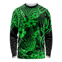 Hawaii Pineapple Long Sleeve Shirt Paradise Flowers Pacific With Green Polynesian Tribal - Wonder Print Shop