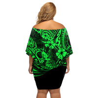 Hawaii Pineapple Off Shoulder Short Dress Paradise Flowers Pacific With Green Polynesian Tribal - Wonder Print Shop