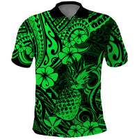 Hawaii Pineapple Polo Shirt Paradise Flowers Pacific With Green Polynesian Tribal - Wonder Print Shop