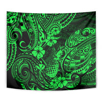 Hawaii Pineapple Tapestry Paradise Flowers Pacific With Green Polynesian Tribal - Wonder Print Shop