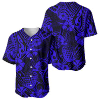 Hawaii Pineapple Baseball Jersey Paradise Flowers Pacific With Navy Blue Polynesian Tribal - Wonder Print Shop