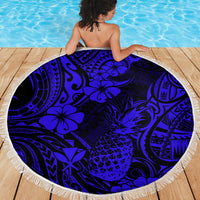Hawaii Pineapple Beach Blanket Paradise Flowers Pacific With Navy Blue Polynesian Tribal - Wonder Print Shop