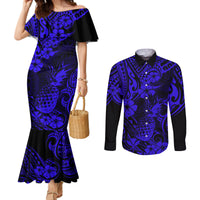 hawaii-pineapple-couples-matching-mermaid-dress-and-long-sleeve-button-shirts-paradise-flowers-pacific-with-navy-blue-polynesian-tribal