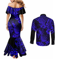 hawaii-pineapple-couples-matching-mermaid-dress-and-long-sleeve-button-shirts-paradise-flowers-pacific-with-navy-blue-polynesian-tribal