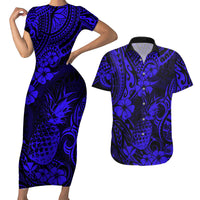 Hawaii Pineapple Couples Matching Short Sleeve Bodycon Dress and Hawaiian Shirt Paradise Flowers Pacific With Navy Blue Polynesian Tribal - Wonder Print Shop