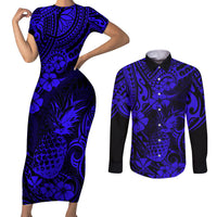 Hawaii Pineapple Couples Matching Short Sleeve Bodycon Dress and Long Sleeve Button Shirts Paradise Flowers Pacific With Navy Blue Polynesian Tribal - Wonder Print Shop