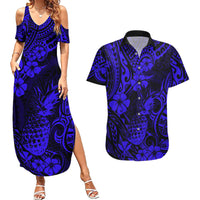 Hawaii Pineapple Couples Matching Summer Maxi Dress and Hawaiian Shirt Paradise Flowers Pacific With Navy Blue Polynesian Tribal - Wonder Print Shop