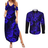 Hawaii Pineapple Couples Matching Summer Maxi Dress and Long Sleeve Button Shirts Paradise Flowers Pacific With Navy Blue Polynesian Tribal - Wonder Print Shop