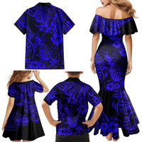 Hawaii Pineapple Family Matching Mermaid Dress and Hawaiian Shirt Paradise Flowers Pacific With Navy Blue Polynesian Tribal - Wonder Print Shop