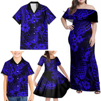 Hawaii Pineapple Family Matching Off Shoulder Maxi Dress and Hawaiian Shirt Paradise Flowers Pacific With Navy Blue Polynesian Tribal - Wonder Print Shop