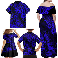 Hawaii Pineapple Family Matching Off Shoulder Maxi Dress and Hawaiian Shirt Paradise Flowers Pacific With Navy Blue Polynesian Tribal - Wonder Print Shop